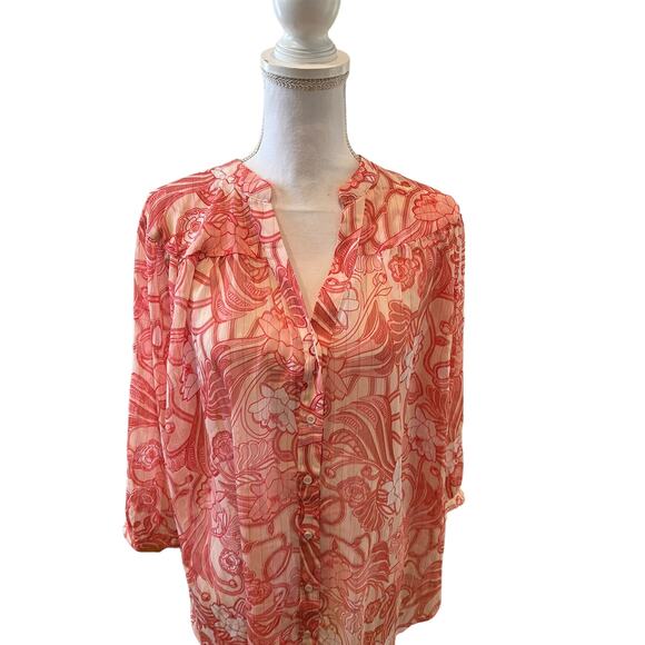 Badgley Mischka Sheer Flowing Tunic Top Pink Floral Print XL - Picture 2 of 8
